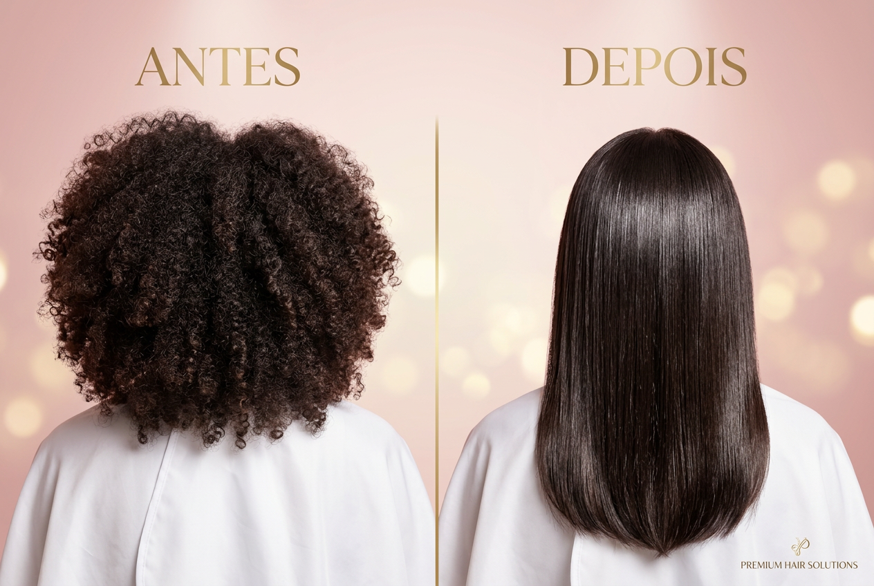 Comparação antes e depois — cabelo com frizz à esquerda, liso e brilhante à direita